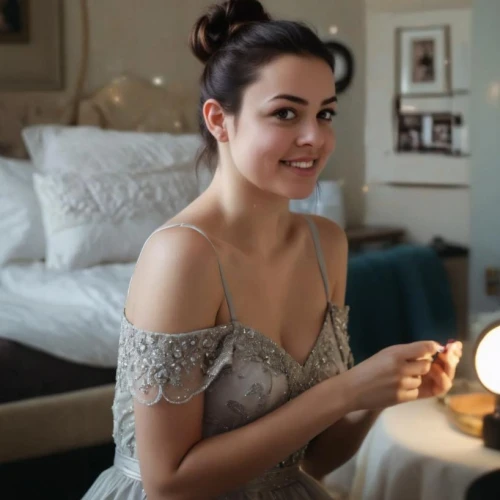 bedside lamp,vintage light bulb,makeup mirror,retro lamp,updo,asian lamp,elegant,fairy lights,adorable,bride getting dressed,nightgown,romantic look,miracle lamp,electric bulb,a princess,cute,cinderella,see through,a candle,debutante