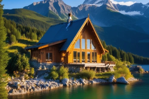 house with lake,house in the mountains,house in mountains,house by the water,the cabin in the mountains,log cabin,emerald lake,floating huts,small cabin,houseboat,log home,mountain hut,alpine hut,boat house,chalet,summer cottage,beautiful home,swiss house,idyllic,wooden house,Photography,General,Realistic