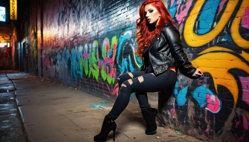 clary,red brick wall,leather boots,rocker,redhair,gothic fashion,red-haired,red hair,brick wall background,jeans background,red bricks,red hood,leather jacket,red brick,black leather,alleyway,red head,harley,rockabilly style,brick background,Art,Classical Oil Painting,Classical Oil Painting 09