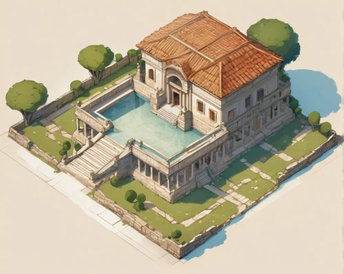 vizcaya,roman villa,villa,pool house,mansion,byzantine architecture,3d rendering,isometric,venetian,3d model,villa balbiano,marble palace,alhambra,luxury property,house drawing,3d render,hacienda,villa balbianello,neoclassical,celsus library,Illustration,Paper based,Paper Based 07