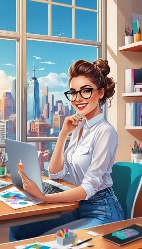 girl at the computer,girl studying,women in technology,office worker,librarian,sci fiction illustration,secretary,world digital painting,modern office,illustrator,secretary desk,blur office background,bookkeeper,game illustration,work from home,reading glasses,work at home,working space,bussiness woman,computer addiction,Unique,Design,Sticker