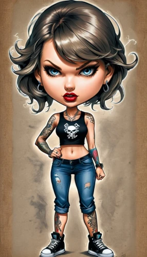 tattoo girl,rockabilly style,chibi girl,rockabella,rockabilly,lady rocks,roller derby,bad girl,pin up girl,rocker,fashion doll,punk design,cartoon character,pin ups,female warrior,fashion girl,hard woman,cute cartoon character,pin-up girl,artist doll,Illustration,Abstract Fantasy,Abstract Fantasy 23