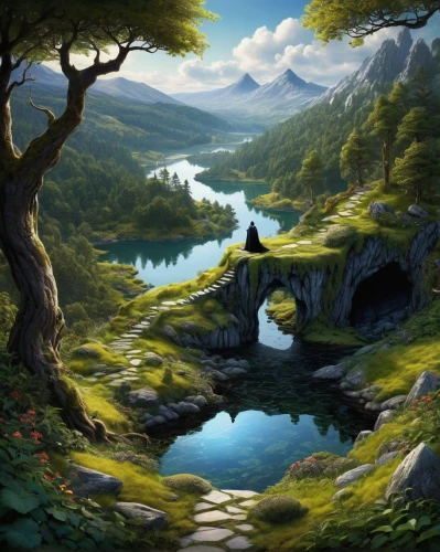 fantasy landscape,landscape background,river landscape,fantasy picture,elven forest,mountain spring,nature landscape,world digital painting,forest landscape,mountain landscape,fjord,mountain scene,cartoon video game background,an island far away landscape,forest background,fjords,high landscape,landscape nature,brook landscape,cave on the water,Illustration,Abstract Fantasy,Abstract Fantasy 01