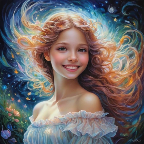 mystical portrait of a girl,fantasy portrait,fantasy art,little girl fairy,little girl in wind,romantic portrait,a girl's smile,girl portrait,faerie,faery,fantasy picture,portrait of a girl,fairy queen,child fairy,water nymph,the sea maid,mermaid background,oil painting on canvas,fairy tale character,blond girl,Illustration,Realistic Fantasy,Realistic Fantasy 37