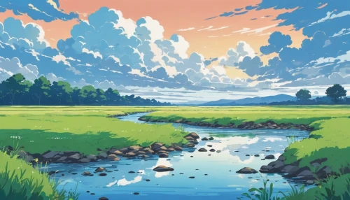 landscape background,hokkaido,salt meadow landscape,studio ghibli,river landscape,meadow landscape,plains,nature landscape,small landscape,idyllic,japan landscape,high landscape,wetlands,a river,summer meadow,freshwater marsh,watercolor background,blooming field,valley,summer sky,Illustration,Japanese style,Japanese Style 06