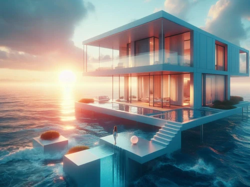 floating huts,cube stilt houses,house by the water,beachhouse,lifeguard tower,3d rendering,house of the sea,3d render,cubic house,beach house,houseboat,ocean view,aqua studio,over water bungalow,floating island,cube sea,tropical house,render,seaside view,dunes house