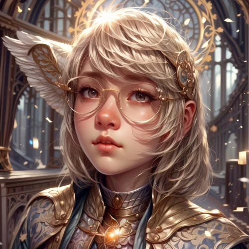 fantasy portrait,librarian,mystical portrait of a girl,reading glasses,silver framed glasses,eris,golden crown,fantasy art,masquerade,poker primrose,constellation unicorn,elven,golden unicorn,crystal glasses,custom portrait,luna,with glasses,portrait background,fantasy picture,mezzelune