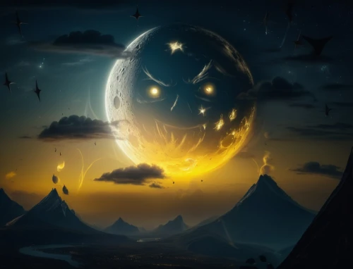 moon and star background,orb,moon phase,hanging moon,golden egg,world digital painting,sun moon,fantasy picture,phase of the moon,moons,celestial body,lunar phases,owl background,alien planet,spirit ball,planet eart,sun and moon,the moon,big moon,crystal ball,Photography,General,Fantasy