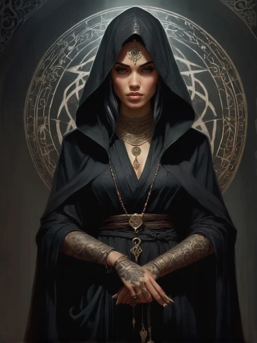 sorceress,priestess,zodiac sign libra,pentacle,witches pentagram,gothic portrait,seven sorrows,the witch,triquetra,occult,dodge warlock,fantasy portrait,gothic woman,runes,amulet,goth woman,priest,jaya,neophyte,mage,Conceptual Art,Fantasy,Fantasy 17