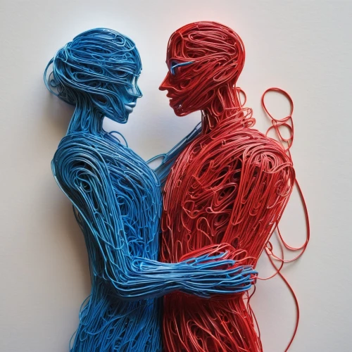 wire sculpture,intertwined,man and woman,red string,connection,connected,two people,entwined,red and blue,connections,paper art,wire entanglement,couple - relationship,circulatory system,plastic arts,body art,twine,interconnect,into each other,connecting,Conceptual Art,Oil color,Oil Color 06
