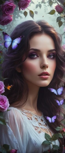 girl in flowers,beautiful girl with flowers,flower background,mystical portrait of a girl,lilac blossom,wild roses,wild rose,rose of sharon,purple rose,rosa 'the fairy,scent of roses,splendor of flowers,faery,fantasy portrait,romantic portrait,portrait background,lilac flower,fantasy picture,the lavender flower,lilacs,Conceptual Art,Fantasy,Fantasy 14
