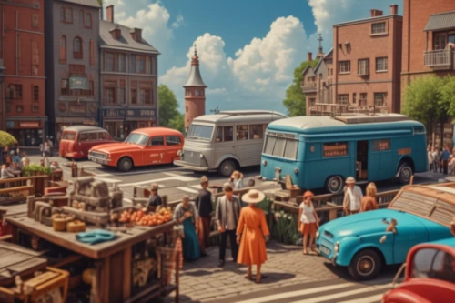 street scene,flea market,vendors,the market,automobile repair shop,vwbus,large market,volkswagenbus,medieval market,piaggio ape,street fair,market,marketplace,fiat 600,st petersburg,2cv,minimarket,hippy market,mercedes 170s,parking place,Photography,General,Fantasy