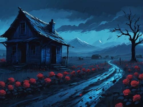 lonely house,witch's house,halloween background,red barn,blue rain,landscape background,haunted house,the haunted house,witch house,blue painting,home landscape,black forest,backgrounds,lostplace,fantasy landscape,mushroom landscape,world digital painting,night scene,fallen petals,road forgotten,Conceptual Art,Fantasy,Fantasy 02