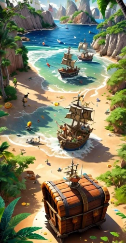 pirate treasure,treasure chest,pirate ship,caravel,shipwreck beach,galleon ship,monkey island,shipwreck,galleon,pirates,sea fantasy,wooden boats,castaway beach,boat landscape,background with stones,beach scenery,fishing boats,south seas,cartoon video game background,picnic boat