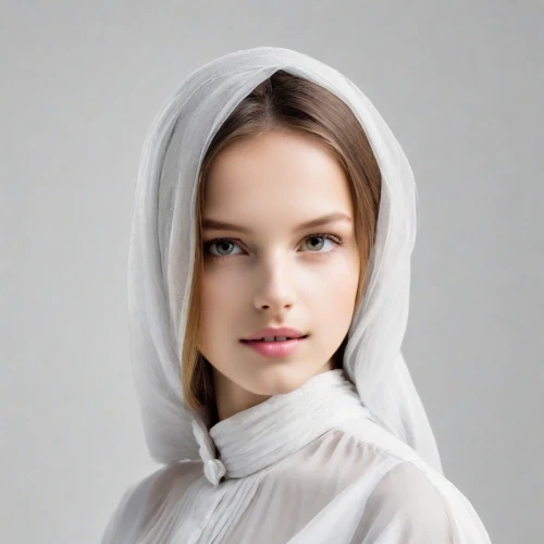 girl in cloth,headscarf,islamic girl,the angel with the veronica veil,the prophet mary,girl on a white background,hijab,white beauty,veil,bonnet,hooded,abaya,girl with cloth,muslim woman,white lady,nun,middle eastern monk,arabian,white silk,beautiful bonnet,Photography,Realistic