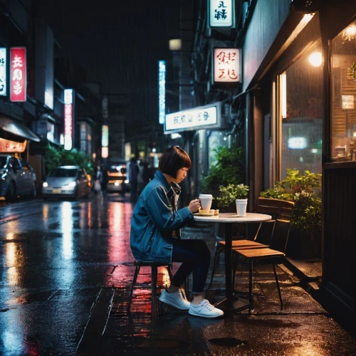 taipei,hanoi,street cafe,rain bar,rainy,rainy day,in the rain,izakaya,neon coffee,tokyo,man with umbrella,hong kong,asian umbrella,night photography,walking in the rain,japanese restaurant,rainy weather,chair and umbrella,woman at cafe,tokyo city,Illustration,Japanese style,Japanese Style 10