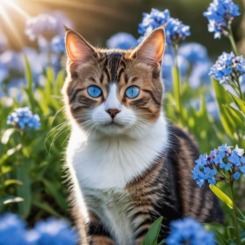 cat with blue eyes,blue eyes cat,cat on a blue background,flower cat,bluebonnet,blossom kitten,european shorthair,cute cat,blue flowers,blue eyes,breed cat,cat image,cat european,blue flower,spring nature,japanese bobtail,calico cat,flower animal,springtime background,bluebell