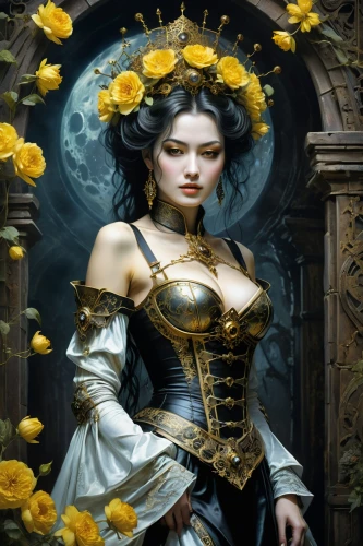 yellow rose background,yellow rose,gold yellow rose,yellow roses,fantasy art,fantasy portrait,fantasy picture,golden flowers,golden wreath,widow flower,moonflower,gold flower,noble roses,fantasy woman,the enchantress,queen of the night,wreath of flowers,elven flower,yellow sun rose,yellow petals,Illustration,Realistic Fantasy,Realistic Fantasy 04