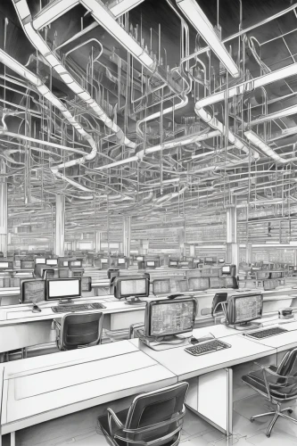 modern office,computer room,the server room,trading floor,offices,apple desk,office automation,home of apple,in a working environment,call centre,working space,data center,call center,ceiling construction,factory hall,industrial design,computer desk,creative office,company headquarters,panopticon,Illustration,Black and White,Black and White 30