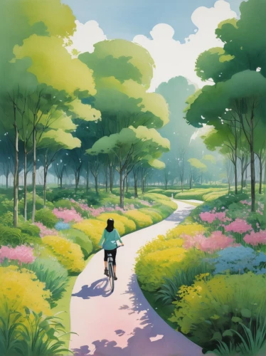 pathway,studio ghibli,walk in a park,forest path,landscape background,springtime background,stroll,bicycle path,watercolor background,the path,forest road,spring background,bike path,walk,trail,sakura background,blooming field,bicycle ride,forest walk,forest landscape,Illustration,Paper based,Paper Based 07