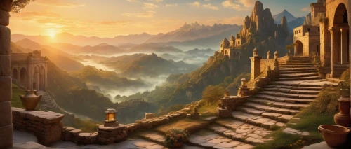 fantasy landscape,fantasy picture,fantasy art,mountain settlement,mountainous landscape,meteora,world digital painting,ancient city,mountain landscape,mountain sunrise,yellow mountains,mountain scene,3d fantasy,landscape background,stone stairway,the mystical path,high landscape,mountain world,castle of the corvin,mount scenery,Art,Classical Oil Painting,Classical Oil Painting 43