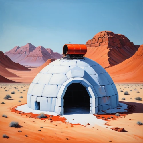 igloo,round hut,moon base alpha-1,sossusvlei,mission to mars,planet mars,red planet,pizza oven,research station,martian,snowhotel,cooling house,dog house,mars probe,futuristic landscape,brick-kiln,indian tent,doghouse,yurts,desert,Illustration,Realistic Fantasy,Realistic Fantasy 24