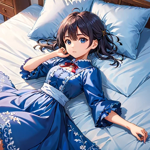 blue pillow,bed,lying down,pajamas,euphonium,sleeping rose,erika,girl in bed,futon,coelacanth,ganai,bed skirt,kotobukiya,blue checkered,himuto,honmei choco,sanya,sleeping,relaxed young girl,kantai collection sailor,Anime,Anime,Realistic