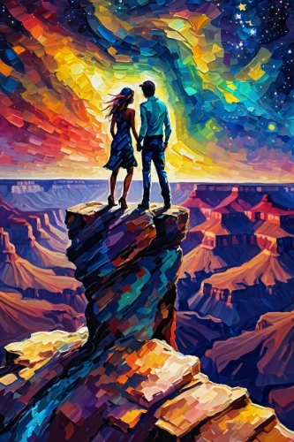 travelers,space art,astronomers,loving couple sunrise,couple silhouette,south rim,hikers,two people,rainbow background,world digital painting,man and woman,cosmos,oil painting on canvas,dimensional,vast,valley of the moon,the horizon,grand canyon,sci fiction illustration,the universe