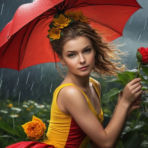 red rose in rain,red-yellow rose,beautiful girl with flowers,yellow rose background,girl in flowers,romantic portrait,spray roses,red roses,umbrella,romantic look,red rose,with roses,flower background,colorful roses,summer umbrella,splendor of flowers,red flower,photoshop manipulation,in the rain,raindrop rose,Photography,General,Fantasy