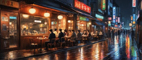 izakaya,street cafe,rain bar,watercolor cafe,japanese umbrellas,world digital painting,paris cafe,night scene,tokyo,japanese restaurant,drinking establishment,watercolor tea shop,yakitori,tokyo city,evening atmosphere,shinjuku,umbrellas,nightlife,new york restaurant,asakusa,Conceptual Art,Oil color,Oil Color 24