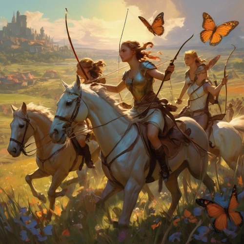 joan of arc,horseback,fantasy picture,heroic fantasy,fantasy art,game illustration,spring unicorn,cg artwork,horses,field of flowers,the order of the fields,vanessa (butterfly),fantasy portrait,monarch,chasing butterflies,rosa ' amber cover,cavalry,flower delivery,horse herder,game art,Conceptual Art,Fantasy,Fantasy 18