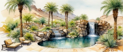 landscape design sydney,landscape designers sydney,watercolor palm trees,decorative fountains,garden design sydney,resort,indian canyons golf resort,outdoor pool,indian canyon golf resort,date palms,royal palms,palm springs,landscape plan,oasis,fountain pond,palm garden,water feature,desert landscape,mineral spring,garden pond,Illustration,Paper based,Paper Based 13