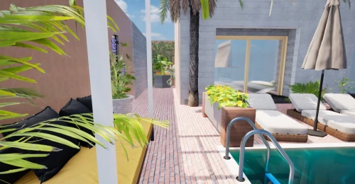 balcony garden,roof terrace,tropical house,block balcony,cabana,garden design sydney,balcony plants,roof garden,3d rendering,inverted cottage,penthouse apartment,landscape design sydney,holiday villa,tropical greens,house plants,landscape designers sydney,roof top pool,patio furniture,hanging plants,riad