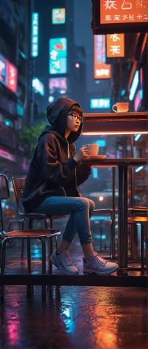 cyberpunk,neon coffee,tokyo,tokyo city,shibuya,cinematic,man on a bench,pedestrian,cinema 4d,taipei,urban,shinjuku,world digital painting,rain bar,b3d,shanghai,disconnected,to be alone,cg artwork,3d render,Conceptual Art,Daily,Daily 10