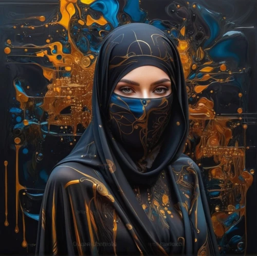 masquerade,burqa,abaya,hijab,veil,hijaber,aura,balaclava,islamic girl,golden mask,fire artist,burka,mary-gold,libra,muslim woman,fantasy portrait,mystical portrait of a girl,world digital painting,gold mask,fantasy art,Photography,Artistic Photography,Artistic Photography 03