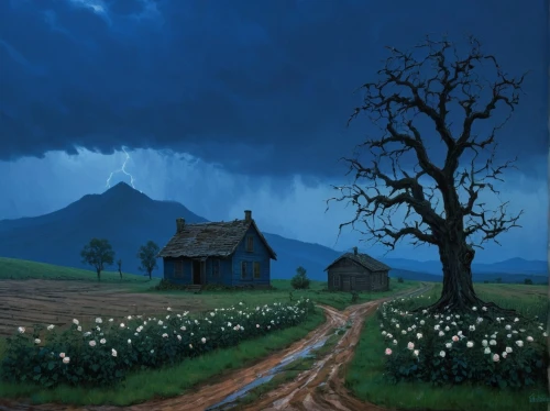 rural landscape,farm landscape,home landscape,dandelion field,dandelion meadow,salt meadow landscape,daffodil field,meadow landscape,landscape background,blooming field,night scene,farm background,mushroom landscape,lonely house,monsoon,thunderstorm,blue painting,field of flowers,flowers field,blue rain,Art,Classical Oil Painting,Classical Oil Painting 14