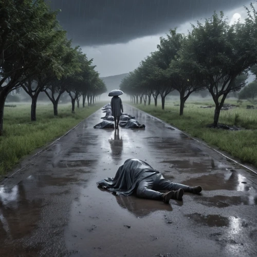 the fallen,photo manipulation,femicide,conceptual photography,photoshop manipulation,fallen,parallel world,of mourning,man with umbrella,photomanipulation,life after death,heavy rain,sci fiction illustration,road forgotten,rainy season,surrealism,sorrow,bystander,funeral,afterlife,Photography,General,Realistic