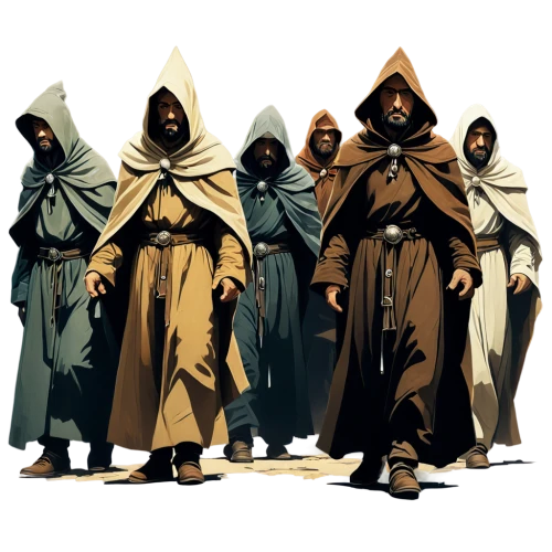 monks,clergy,hooded man,assassins,carmelite order,the three magi,twelve apostle,the three wise men,disciples,masons,hooded,cabal,wise men,three wise men,swordsmen,orange robes,guards of the canyon,biblical narrative characters,the ethereum,benedictine,Conceptual Art,Oil color,Oil Color 04