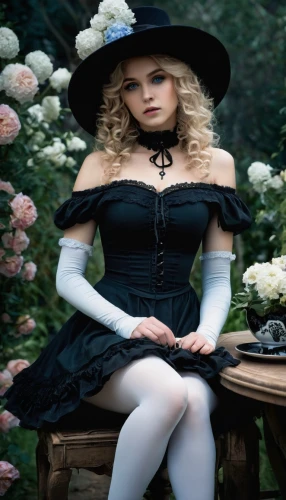 victorian lady,gothic fashion,victorian style,gothic dress,victorian fashion,hatter,alice in wonderland,gothic portrait,gothic woman,alice,gothic style,black hat,victorian,the victorian era,porcelain doll,witch's hat,black rose,witch hat,gothic,halloween witch,Conceptual Art,Fantasy,Fantasy 34