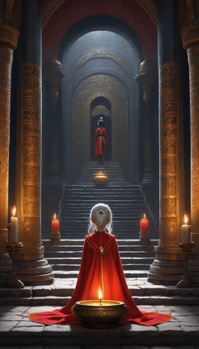 hall of the fallen,the throne,red lantern,throne,red cape,cg artwork,the eternal flame,the sphinx,emperor,blood icon,somtum,concept art,blood church,shrine,imperial crown,chess piece,the pillar of light,freemasonry,priestess,red coat,Conceptual Art,Daily,Daily 33