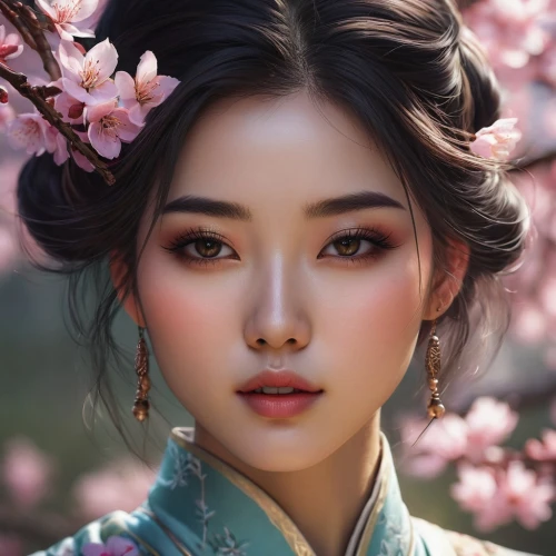 oriental princess,mulan,hanbok,plum blossoms,geisha,geisha girl,plum blossom,oriental girl,chinese art,fantasy portrait,jasmine blossom,peach blossom,oriental painting,inner mongolian beauty,asian woman,apricot blossom,oriental,japanese woman,spring blossom,world digital painting,Conceptual Art,Fantasy,Fantasy 17