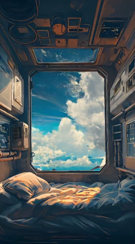 ufo interior,ship travel,adrift,cabin,aircraft cabin,compartment,campervan,studio ghibli,sky apartment,shuttle,sci fiction illustration,sky space concept,world digital painting,voyage,camping bus,open sea,capsule hotel,travel van,sea fantasy,sleeping room