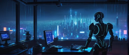 cyberpunk,cyberspace,cyber,neon human resources,night administrator,sci fiction illustration,computer room,the server room,man with a computer,dystopian,cybernetics,metropolis,computer art,futuristic,cyber crime,computer,virtual world,futuristic landscape,dr. manhattan,scifi,Illustration,Vector,Vector 10
