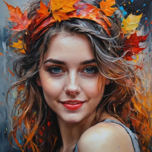 girl portrait,girl in a wreath,girl in flowers,beautiful girl with flowers,fantasy portrait,boho art,romantic portrait,oil painting,autumn icon,oil painting on canvas,young woman,autumn wreath,mystical portrait of a girl,autumn background,flower painting,autumn theme,portrait of a girl,art painting,face portrait,woman portrait,Photography,General,Fantasy