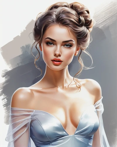 fashion illustration,world digital painting,fashion vector,romantic portrait,digital painting,portrait background,romantic look,female beauty,young woman,game illustration,fantasy portrait,fantasy art,updo,chignon,girl in cloth,a charming woman,femininity,girl portrait,art painting,photo painting,Illustration,Paper based,Paper Based 03