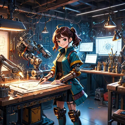 mechanic,kotobukiya,mechanical,soldering iron,sewing factory,watchmaker,gunsmith,sci fiction illustration,arduino,steampunk,clockmaker,girl at the computer,engineer,illustrator,workbench,inventor,cg artwork,girl studying,chemist,librarian,Anime,Anime,Cartoon