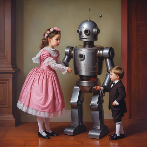 robots,vintage boy and girl,robotics,robot,vintage children,artificial intelligence,robotic,automation,little boy and girl,cybernetics,machine learning,machines,automated,anachronism,minibot,industrial robot,social bot,bot,sci fiction illustration,tin toys,Art,Classical Oil Painting,Classical Oil Painting 10