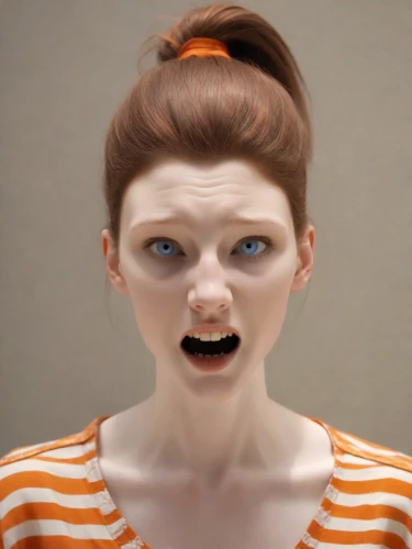 scared woman,character animation,realdoll,scary woman,a wax dummy,cgi,the girl's face,woman face,clay animation,rendering,b3d,gingerbread girl,doll's facial features,woman's face,redhead doll,3d rendered,render,orange,emogi,porcelaine,Photography,Natural