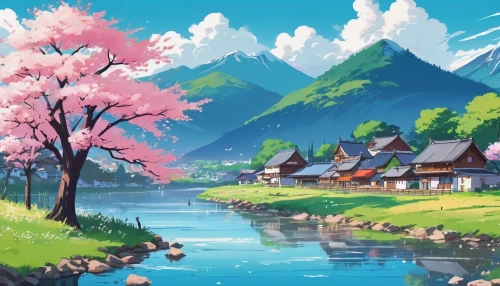 japanese sakura background,springtime background,sakura trees,landscape background,sakura background,spring background,japan landscape,spring blossoms,sakura tree,cherry blossoms,cherry trees,the cherry blossoms,sakura blossoms,spring morning,spring blossom,beautiful landscape,idyllic,fantasy landscape,japanese cherry trees,japanese alps,Illustration,Japanese style,Japanese Style 06