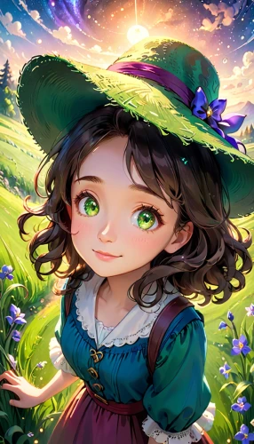 spring leaf background,portrait background,fae,spring background,springtime background,acerola,witch's hat icon,mystical portrait of a girl,fairy tale character,garden fairy,girl picking flowers,flower background,forest clover,children's background,fantasy portrait,clover meadow,child fairy,game illustration,forest background,little girl fairy,Anime,Anime,Cartoon